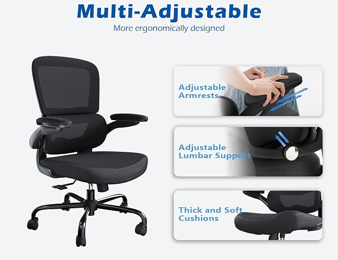TRALT Ergonomic Office Chair Desk Chair with Adjustable Lumbar Support | Desk Chair Comfy with Flip-up Armrests Ergonomic Chair - Mesh Computer Chairs for Adults, 330lbs, PU Leather (Black, 6) - Image 5