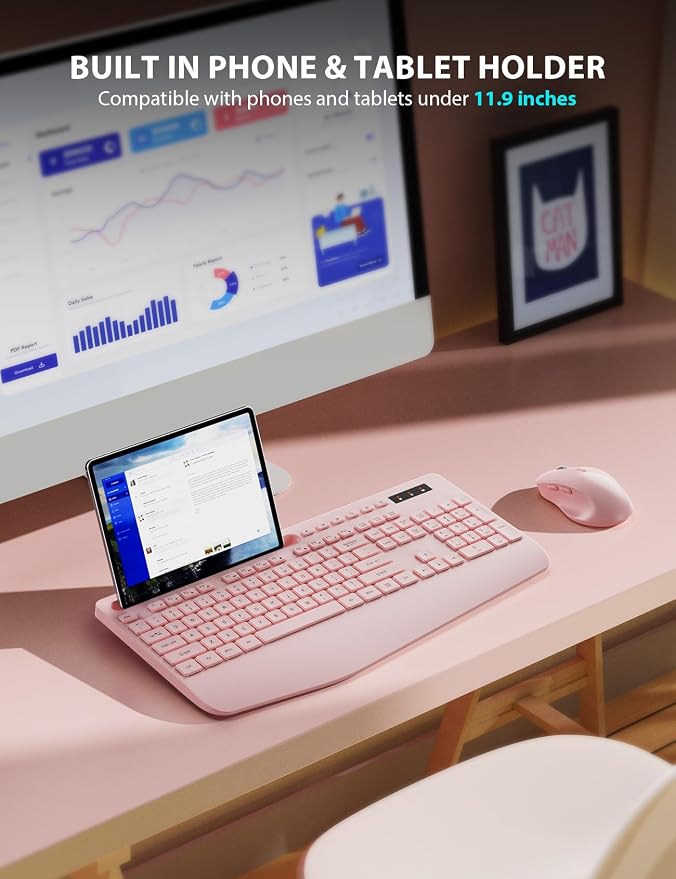 Wireless Keyboard and Mouse Combo - Full-Sized Ergonomic Keyboard with Wrist Rest, Phone Holder, Sleep Mode, Silent 2.4GHz Cordless Keyboard Mouse Combo for Computer, PC, Laptop, Mac, Windows -Trueque - Image 3