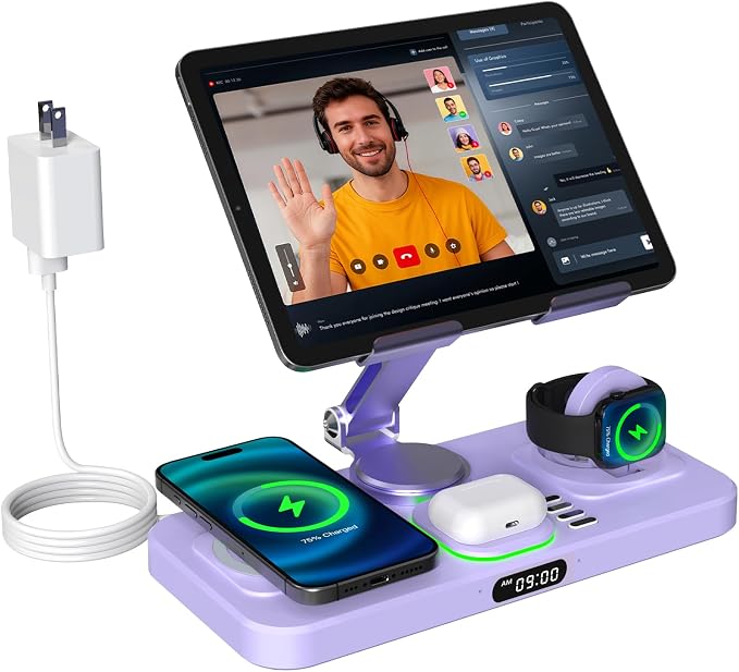 6 in 1 Wireless Charger for Apple Multiple Devices, Charging Station with Clock &7 Color Ambient Light, Foldable Rotate Stand for iPad, for iPhone17/16/15, Support for Apple Watch11/10 for AirPods4 by keepyourlifemoreorganized