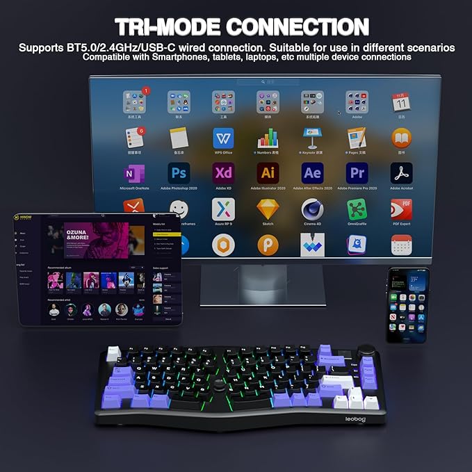 LEOBOG A75 Alice Ergonomic Wireless Mechanical Keyboard with Joystick Knob | 75% Ergonomic Split Layout, Tri-Mode, Multifunction Knob, RGB Backlight, Top Mount Structure, Hot Swappable Linear Switches - Image 4