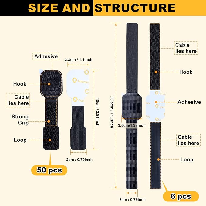 SummerBrite 56-Pack Self Adhesive Cable Straps, Heavy Duty Hook & Loop Ties with Strong Sticky Backing, Reusable Under Desk Cable Management Wire Organizers for Home Office PC, Black - Image 2