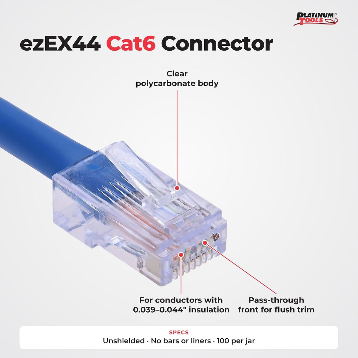 Platinum Tools 202044J ezEX44 Connector for Ethernet Cable Termination, 100 per Jar - Image 2