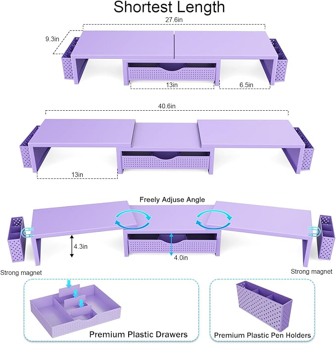 gianotter Dual Monitor Stand Riser With Drawer and 2 Pen Holders | Computer Monitor Stand Desk Organizer and Accessories Desk Shelf for Top of Desk (Purple) - Image 6