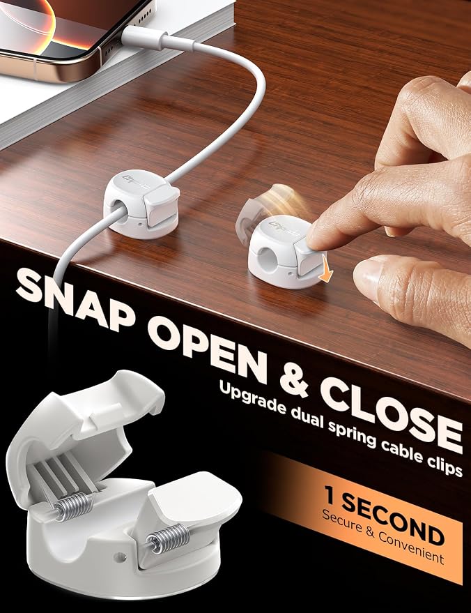 16Pack Cord Organizer [Dual Spring & Clasp] [Max Stability] Cable Clips, Chfeila Cord Holder, Desk Cable Management, Adhesive Wire Organizer for Home Office Desktop Nightstand Car Table Wall - White - Image 3