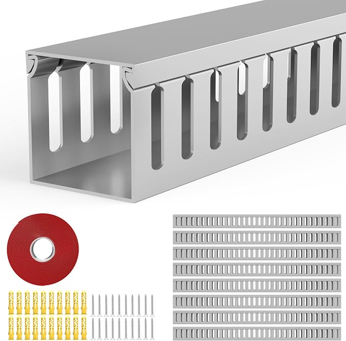 Open Slot Wiring Raceway Cable Duct,Cable Management Cord Track | 123" open slot cable raceway,Grey 1.57x1.57", 8 pcs desk wire channel to hide computer cables and cords by REFLYING