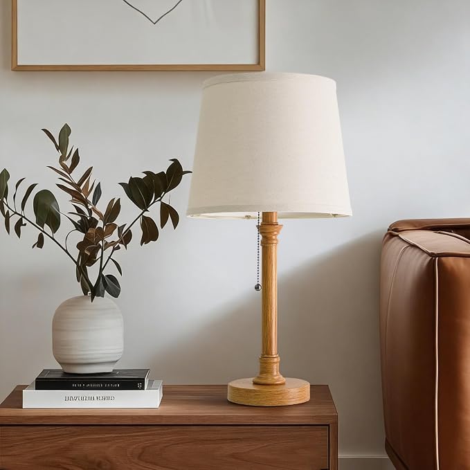 19.5" Wood Grain Rustic Table Lamps Set of 2 for Living Room Bedroom | Pull Chain Switch Bedside Table Lamps, White Linen Shade, Small Desk Lamp for Living Room, Bedroom, Home Office, Nursery - Image 2