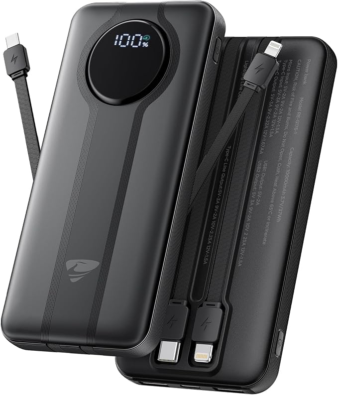 Aioneus Portable Charger, 10000mAh Power Bank with Built in Cables, 22.5W USB C in/Out Fast Charging Powerbank, Slim Travel Battery Charger Pack for iPhone 16 15 Samsung Galaxy S24 S10e Android Phone by Aioneus