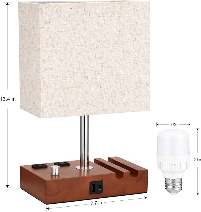 Brown Wood Grain Bedside Lamp - Stepless Dimmable, USB C+A, 2 AC Outlets | Dimming By Rotary Knob, USB C+A Ports, 2 Phone Stands, LED Bulbs Included, Rectangle Beige Lampshade, for Living Room, Desk - Image 2