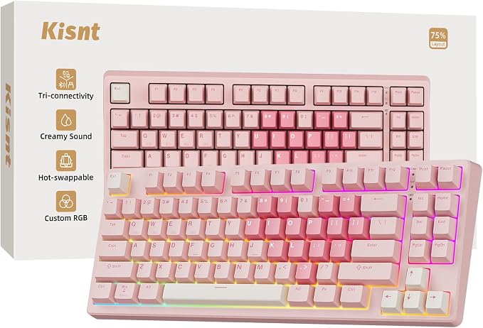 Kisnt KN85 Wireless Mechanical Keyboard, 75% Layout, Bluetooth/2.4GHz/USB-C, Custom RGB Backlit, Hot-Swappable Linear Switch, Creamy Sound for Gaming/Typing (Rose Pink) by Kisnt