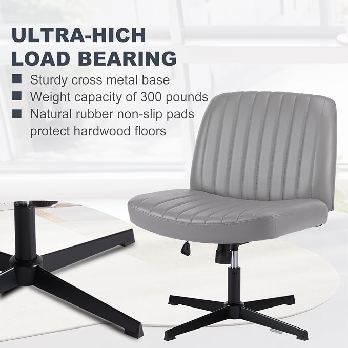 OLIXIS Criss Cross Chair, Vanity Chair, Home Office Desk | Armless No Wheels Wide Seat, Height Adjustable Swivel, Faux Leather, Bedroom Student Study, Grey Dual Base - Image 8