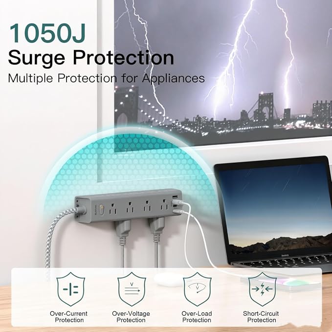 10FT Extension Cord, Power Strip Surge Protector with 12 AC Outlets & 4 USB | Flat Plug, 1050J Overload Protection, Wall Outlet Extender for Home Office Dorm Living Room Bedroom Essentials, ETL Listed - Image 5