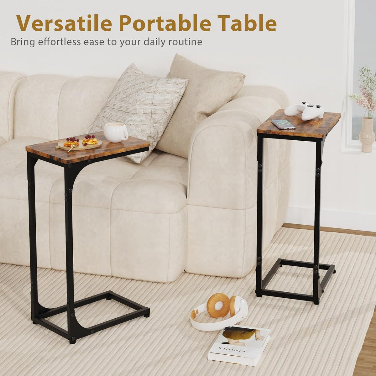 C Shaped End Tables Couch Table TV Trays Set of 2, 7" Wide, Rustic Brown - Image 2