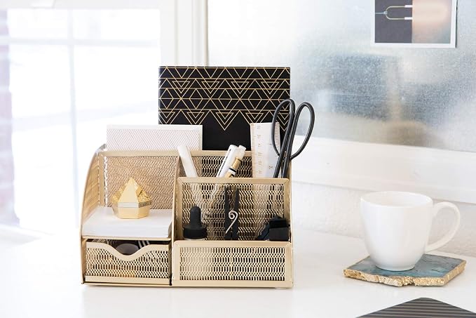 BLU MONACO | Gold Desk Organizer with Drawer | Metal Desktop Caddy with Six Compartments for Office Supplies | Stylish Desk Organizers and Accessories for Home or Office - Image 2