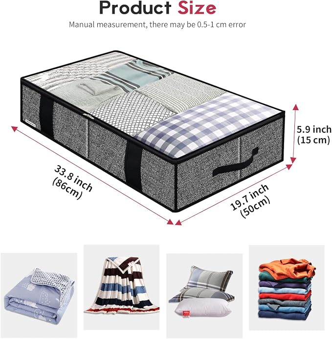 Onlyeasy Underbed Fabric Storage Bags Organizer with 4 Handles, 2 Zippers and Large Clear Window, for Clothes, Blankets, Bedding, Foldable with Sturdy Structure, 2 Pack, Linen-like Black, MXAUBBSS2P - Image 2