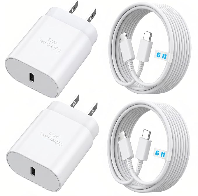 TT&C 2-Pack 25W USB C Fast Charger with 6FT Long Cable (White) | PD 3.0 Fast Charging Adapter Wall Plug Compatible with Samsung Galaxy S26, S25, S24, S23, S22 & iPhone 17/16/15 Pro Max by TTC