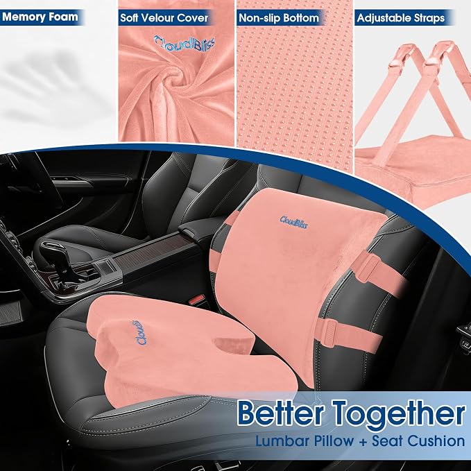 CloudBliss Ergonomic Seat Cushion & Lumbar Support Pillow Set, Pink, XL | Back Pain & Sciatica Relief, Memory Foam Support, Adjustable Straps, Machine Washable Velvet, Perfect for Office, Car, Gaming - Image 3