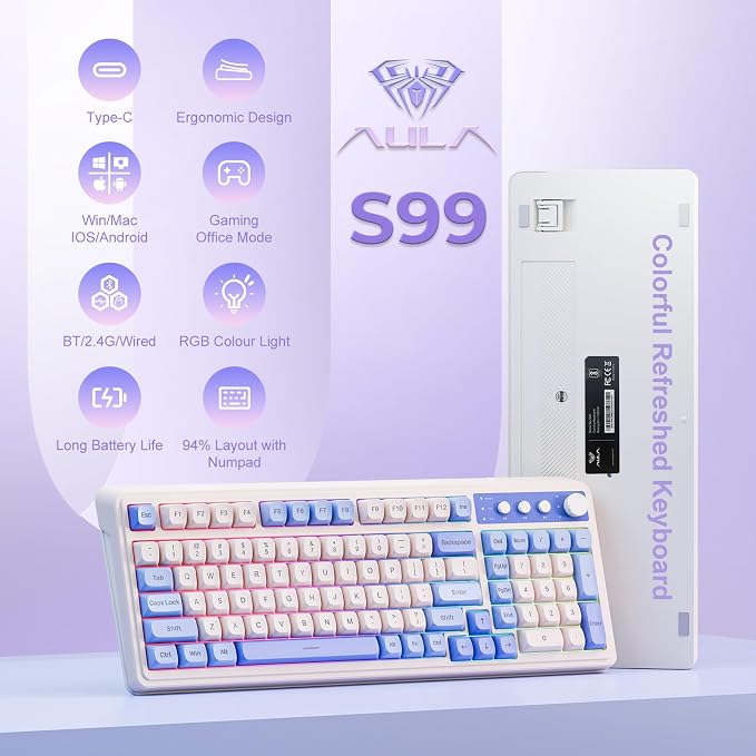AULA S99 Wireless Keyboard,Bluetooth Computer Gaming Keyboards | 99 Keys with Number Pad,RGB Backlit,Programmable,Creamy Sounding,Tri-Mode BT/2.4GHz/USB-C,2000mAh Thocky Membrane Keyboard - Image 2