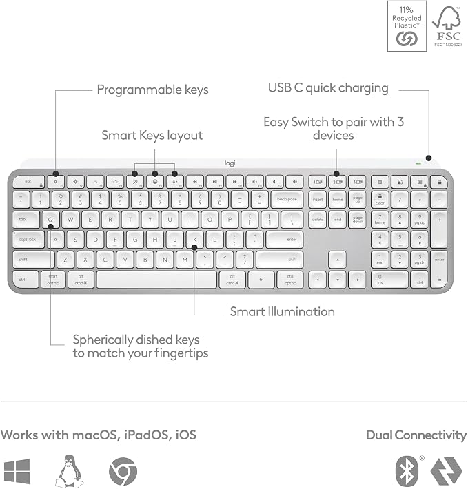 Logitech MX Keys S Wireless Keyboard Low Profile Fluid Precise - Pale Grey | Fluid precise quiet typing, programmable keys, backlighting, USB-C rechargeable, for Windows PC, Linux, Chrome, Mac - Image 6