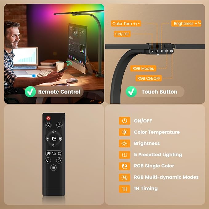 Upgraded LED Desk Lamp for Home Office with RGB, Rotatable Computer Desk Light with Remote, Tall Table Lamp with Clamp for Working, Dimmable Dual Head Task Lighting for Monitor PC, 22W - Image 5