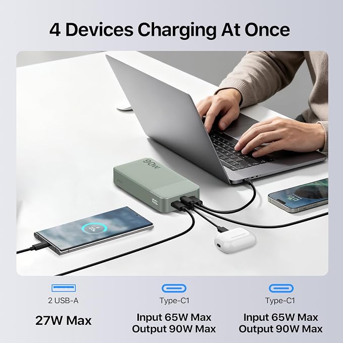 NOBIS Portable Charger 20000mAh 90W Laptop Power Bank | 2C+2A USB-C Fast Charging Battery Pack with LED Display for Laptops, Tablets, Steam Deck & Phones - Image 5
