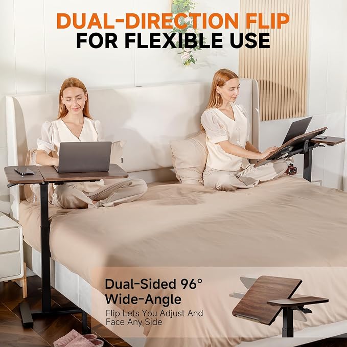 COMHOMA Tiltable Mobile Small Standing Desk, Pneumatic Adjustable Height Overbed Bedside Table with Wheels, Sit Stand Portable Rolling Laptop Desk Computer Workstations, Walnut - Image 6
