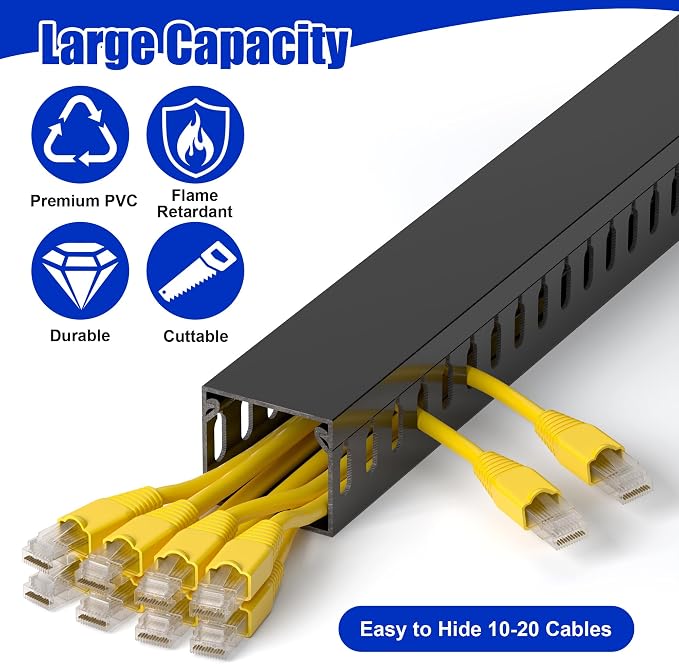 1.4"H x 1.6"W Cable Raceway, 12ft Under Desk Wire Management Channel, Black | Slotted Wire Duct, 4 Pack (3 ft Each), Heavy-Duty PVC Cable Management for Server Racks, Network Cables & Electrical Cabinets - Image 3