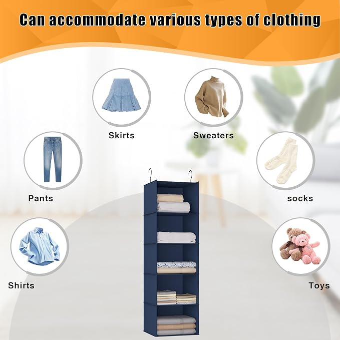 Hanging Closet Organizer 5-Shelf, Oxford Fabric Wardrobe Storage, Navy Blue | Easy-mount foldable design holds clothes, handbags, shoes & accessories; washable Oxford fabric, sturdy and space-saving. - Image 8