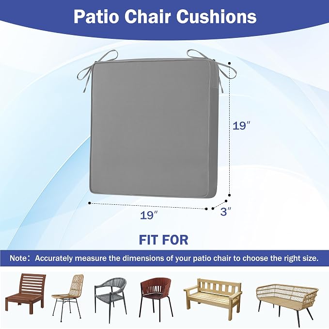 IASEAHK Patio Chair Cushions, 19" x 19" x 3" Outdoor Chair Cushions Set of 4, Waterproof Outdoor Cushions for Patio Furniture, Outdoors Seat Cushions with Handle and Ties, Light Grey - Image 2
