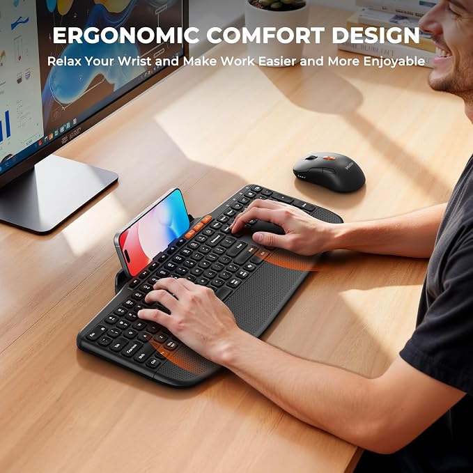 MEETION Bluetooth Wireless Keyboard Mouse Combo with Tablet Holder | Slim ergonomic keyboard with quiet scissor keys, 4 DPI wireless mouse, works with Windows, Mac, PC, laptop, phone and tablet - Image 3