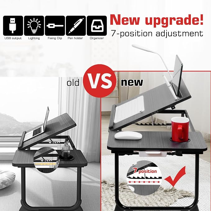 CloudTrip Plus XL Adjustable Laptop Desk with Light, USB Port, iPad Holder, Drawer Storage - Larger 23.6IN Adjustable Lap Desk for Bed, Home Office, Breakfast Tray, Fordable Legs Desk (Black) - Image 3