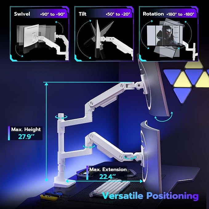 Dual Monitor Arm Desk Mount for 17-49 Inch Monitors Holds 44 lbs, White | Heavy Duty Monitor Mount Stacked Monitor Arm Desk Full Motion Gas Spring Vertical Monitor Mount, 75/100 VESA Mount - Image 4