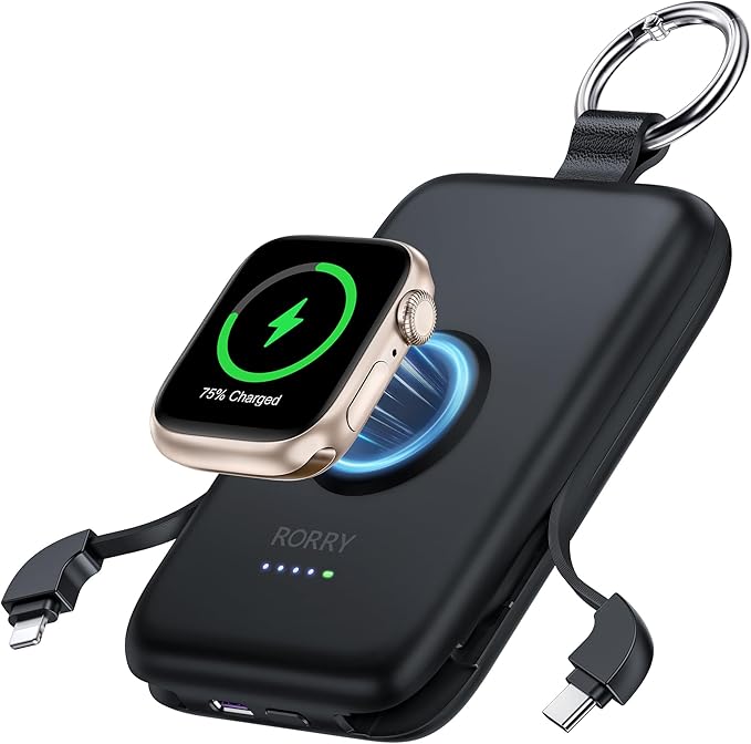 RORRY CharmGo Portable Charger, 10000mAh 20W Fast Charging Power Bank | Built-in Cables, Travel Keychain Battery Pack Essentions for Apple Watch 1~11 Series/Ultra/SE & iPhone Air/17/16/15/14/13/12 by RORRY