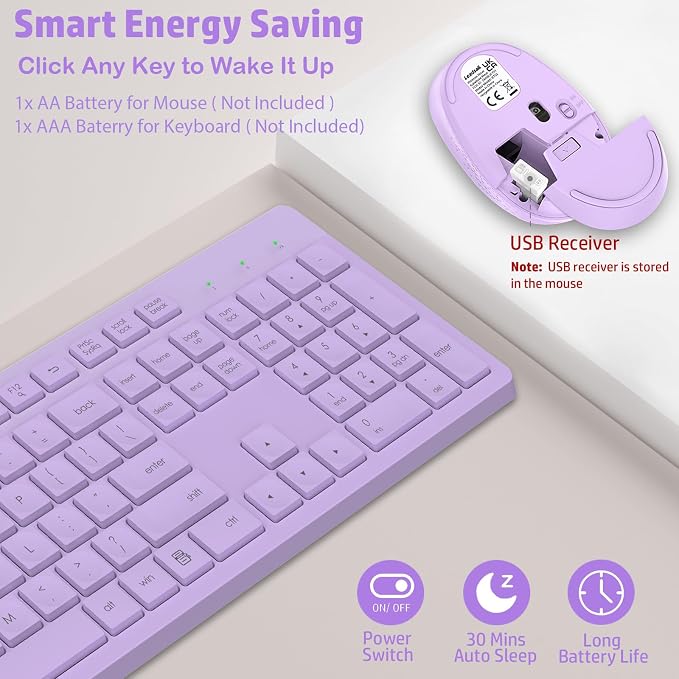 LeadsaiL Purple Wireless Keyboard and Mouse Combo, Full-Sized Ergonomic Computer Keyboard, 2.4GHz USB Cordless Keyboard Silent Mouse Set, 12 FN Shortcuts for Windows MacOS Laptop Computer - Image 5