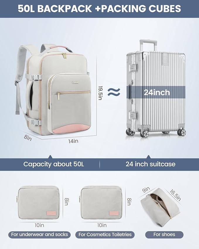LOVEVOOK 50L Travel Backpack Flight Approved Carry on Backpack,3 Packing Cubes,Waterproof Personal Item Travel Bag,TSA Carry on Luggage Suitcase Travel Essentials,Gifts for Women & Men,fits 18" Laptop - Image 6