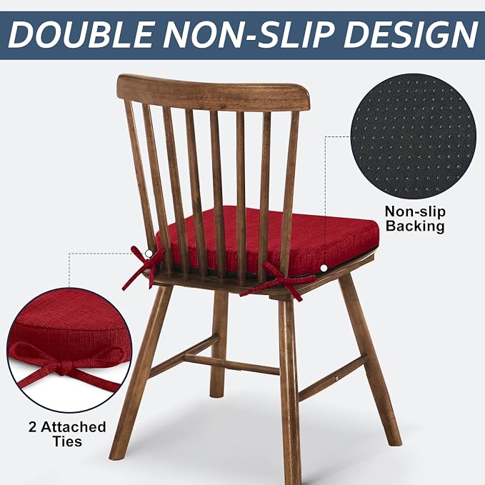 Basic Beyond Chair Cushions for Dining Chairs 6 Pack, Kitchen Chair Cushions with Ties and Non Slip Backing, 16 x 16 inches Chair Pads for Dining Chairs (Red) - Image 3