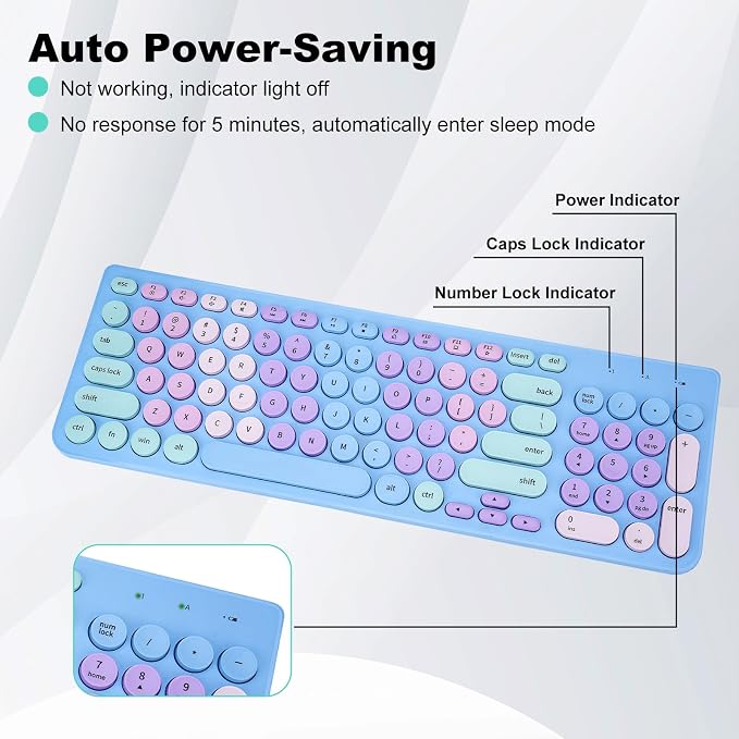 Wireless Keyboard and Mouse Combo, Retro Typewriter Keyboard with Round Keycaps, 2.4GHz USB Cute Wireless Keyboard Mouse for Computer, Desktop, Laptop and Computer (Rainbow Blue) - Image 3