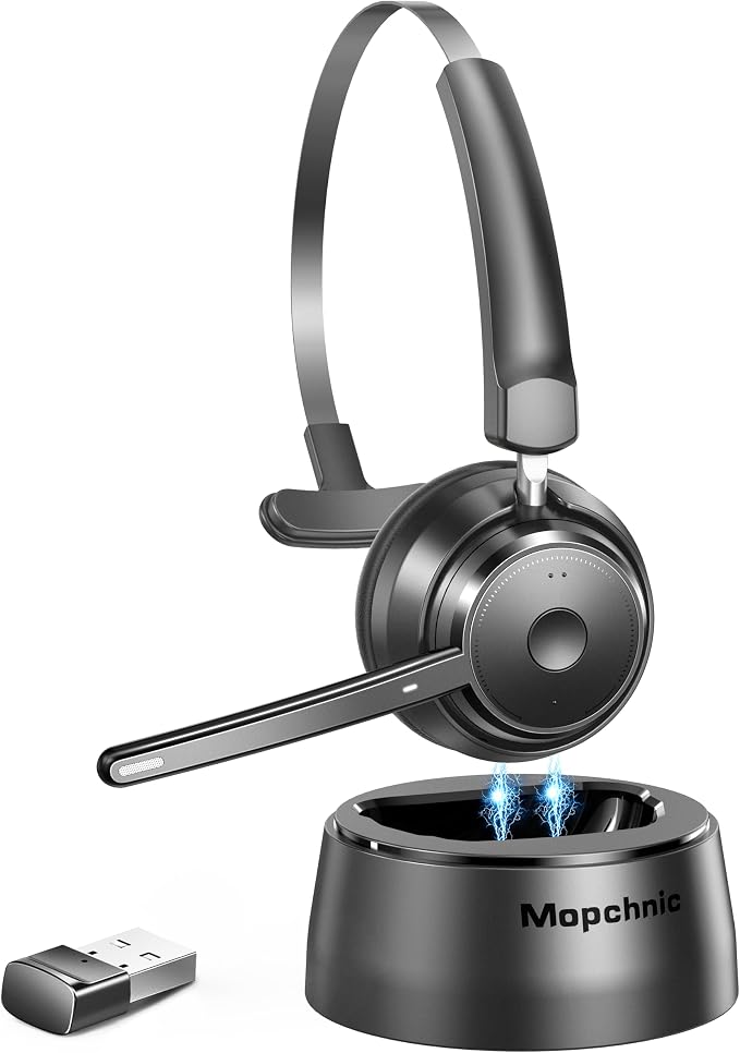 Mopchnic Bluetooth Headset, Wireless Headphone with Microphone for Computer, On Ear Bluetooth with USB Dongle for Office Call Center Skype Zoom Meeting Online Class (Dark Gray) by MOPCHNICBluetoothheadset