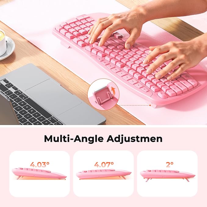 MEETION Wireless Ergonomic Keyboard with Wave Keys and Wrist Rest - Pink | Firm wrist rest, 2.4G USB-A receiver, USB-C adapter included, full-size layout, compatible with Windows, Mac, PC, laptop - Image 4