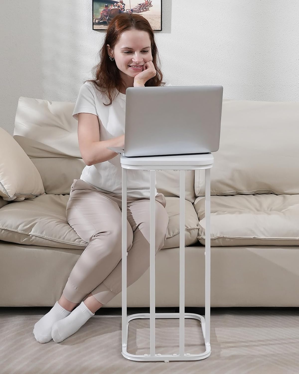 C Shaped End Table Set of 2, Small Side Table for Sofa and Bed, Couch Tables That Slide Under, Tall Tv Tray Table for Living Room, Bedroom, Snow White - Image 2