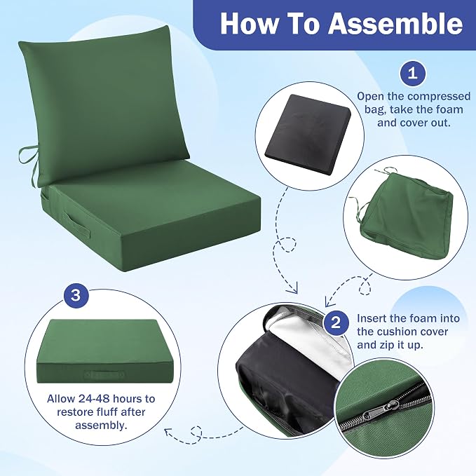 Outdoor Chair Cushions, 24 x 24 Inch Outdoor Cushion for Patio Furniture, Patio Chair Cushion, Waterproof & Fade Resistant Deep Patio Furniture Cushion Set with Handle and Ties, ForestGreen (Set of 4) - Image 8