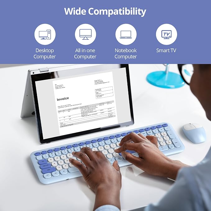 surmen Blue Keyboard and Mouse Wireless, Cute Wireless Typewriter, Full Size Slim Silent Keyboard Round Keys Aesthetic for Home and Office(Colorful Blue) - Image 5