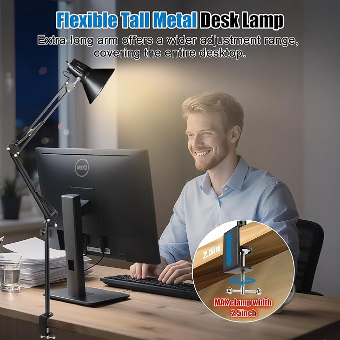 LED Clamp on Desk Lamp, 360°Adjustable Swing Arm Desk Lamp | Clamp Light with Eye-Caring LED Bulb for Home Office Reading Drafting - Image 4