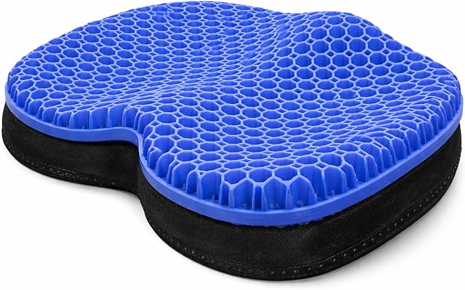 Blue Gel TPU Seat Cushion — Large Contoured Honeycomb Cooling Gel Cushion for Long Sitting, Pressure Relief for Tailbone & Sciatica, Non-Slip Washable Cover — 18.89 x 14.96 in by ComforTec