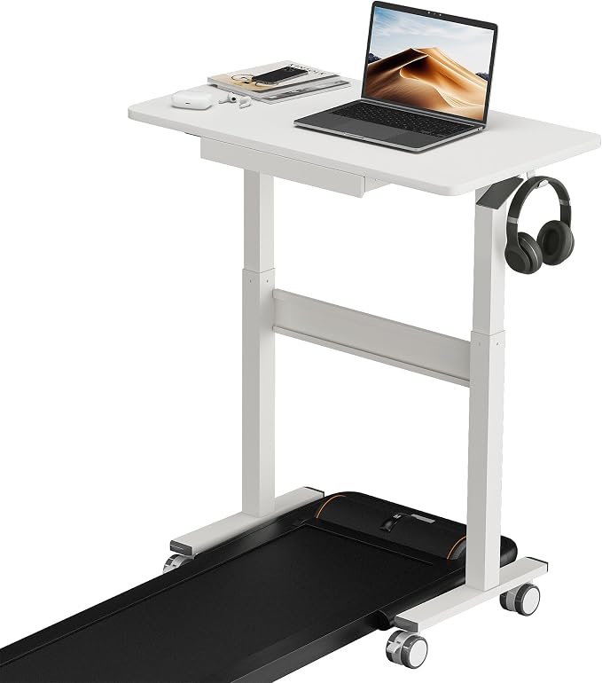 35" Pneumatic Standing Desk for Walking Pad with Wheels Drawer, White | Height Adjustable Rolling Desk, Mobile Computer Workstation with Hook Locking Casters for Treadmill & Home Office - Image 2