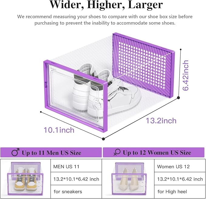Kuject X-Large Shoe Storage Boxes 12 Pack, Clear Stackable Shoe Organizer | Shoe Case for Closet, Entryway & Under-Bed Storage, Drop-Front Design, Space-Saving Solution for Family Organization,Purple - Image 3