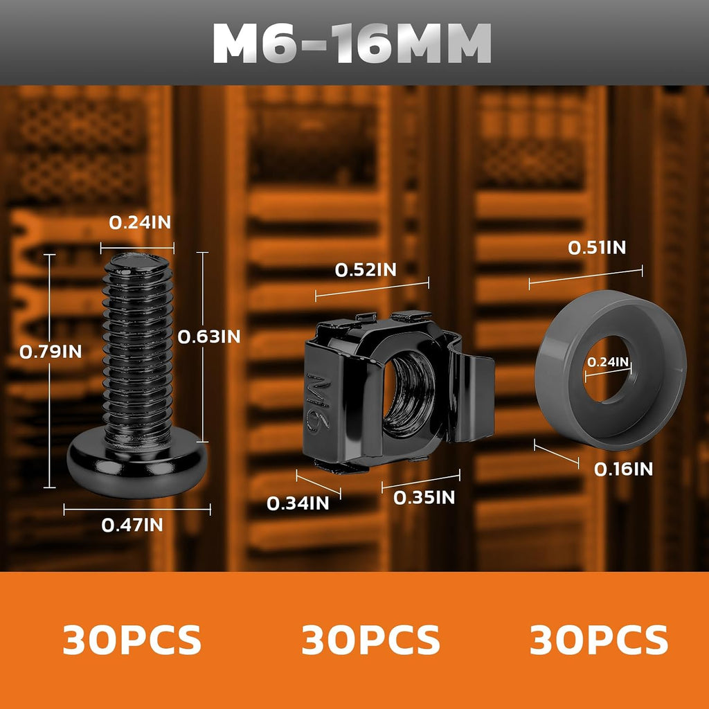 M6 x 16mm Rack Screws Kit, Cage Nuts, 30 Sets, Black - Image 3