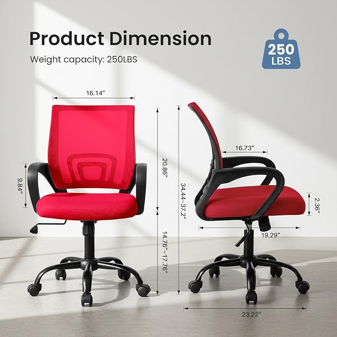DUMOS Ergonomic Office Chair 2 Pack, Home Desk Mesh Chair, Lumbar Support | Mid Back Mesh, Height Adjustable Fixed Armrest, Rocking Mode Computer Gaming Meeting, Red - Image 3