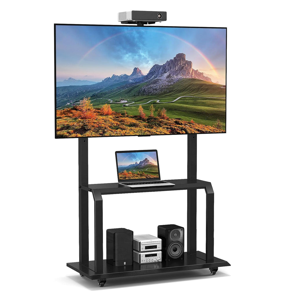 Goplus Mobile TV Stand, Rolling TV Cart with Camera Shelf & AV Shelves, Adjustable Media Console Cart for 32”-80” Flat/Curved TVs up to 132 lbs, Max VESA 900 X 600 mm, TV Mounting Screws Included by Goplus
