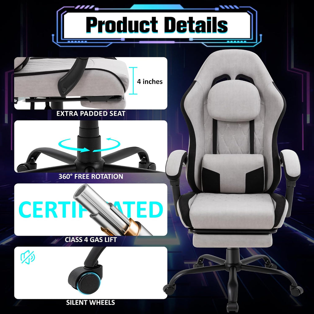 Gaming Chair with Footrest, Ergonomic Fabric Desk Chair, Grey - Image 6