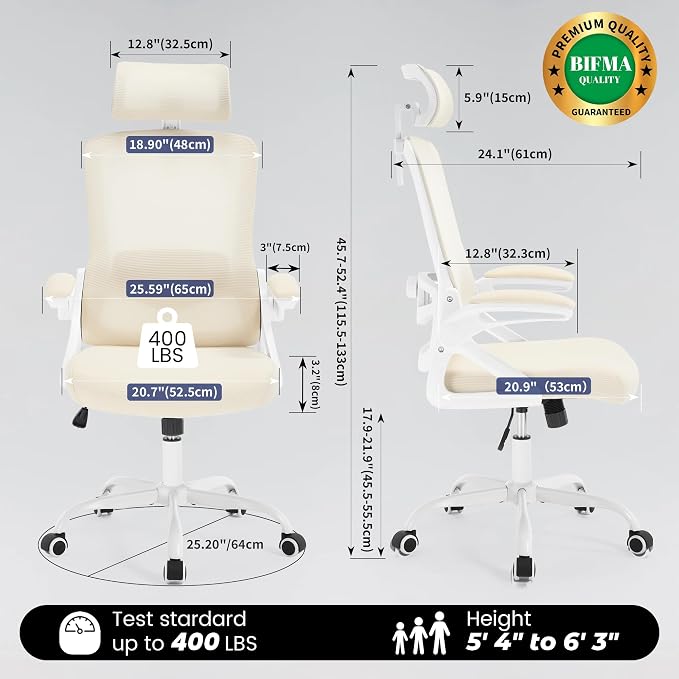 Fizzin Office Chair Mesh Computer Chairs with Adjustable Lumbar Support | Ergonomic Office Chair, Home Office Desk Chairs with Thickened Cushion and Headrest, Comfy Gaming Chair (Buff Beige) - Image 2